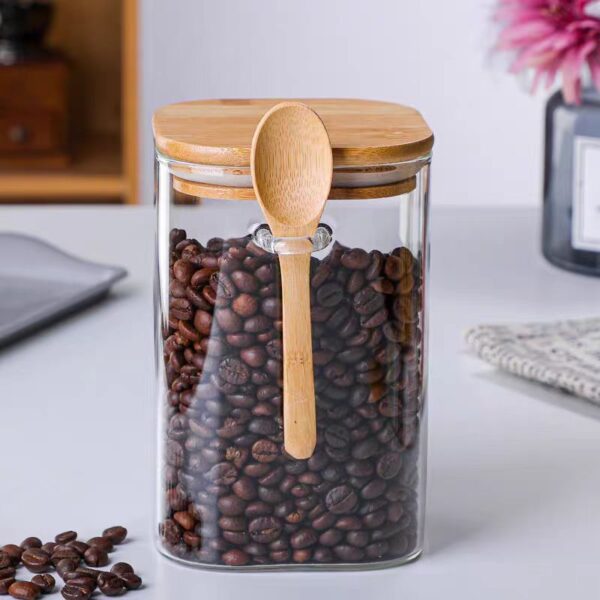 1200ml Square glass storage jar with spoon and bamboo lid