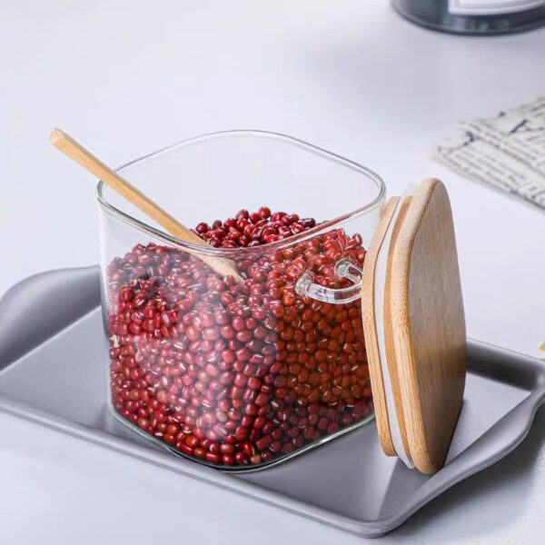 800ml Square glass storage jar with bamboo lid and spoon